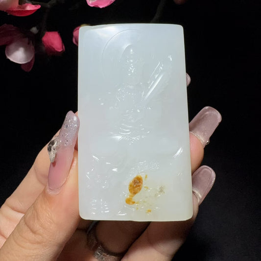和田玉籽料文殊菩萨牌子挂件