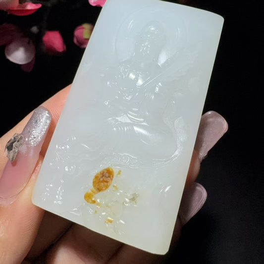 和田玉籽料文殊菩萨牌子挂件