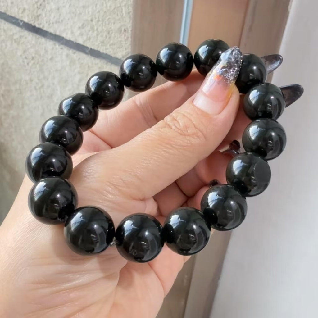 和田玉黑青圆珠手串