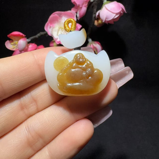 和田玉糖白玉佛公挂件