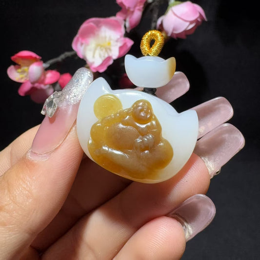 和田玉糖白玉佛公挂件