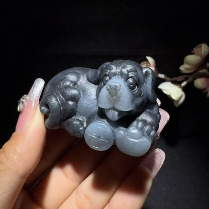 和田玉青花手把件旺财