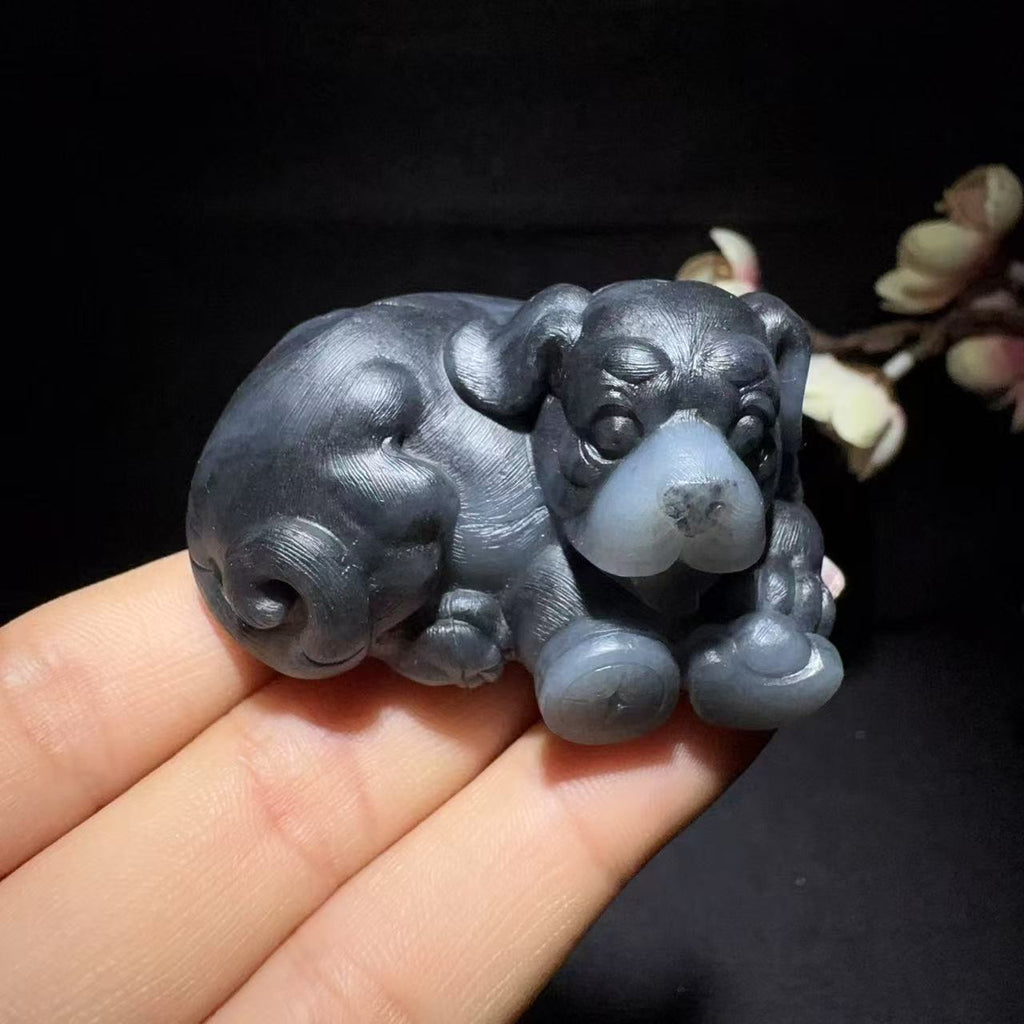 和田玉青花手把件旺财