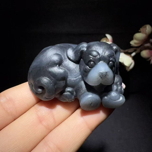 和田玉青花手把件旺财