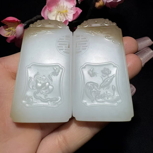 和田玉糖白玉龙凤对牌