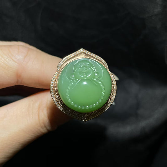 和田玉碧玉粉绿佛金镶戒指（吊坠两戴）