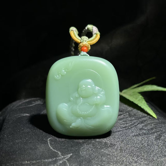 和田玉碧玉瓷绿佛公挂件