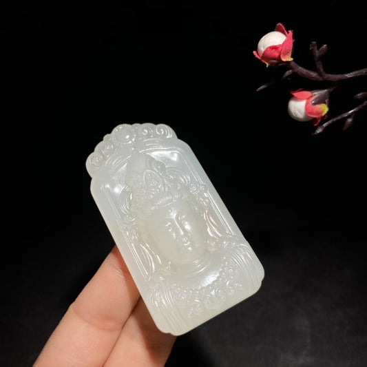 和田精品高冰白玉观音挂件