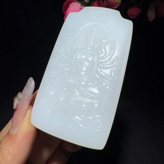 和田玉白玉千手观音挂件