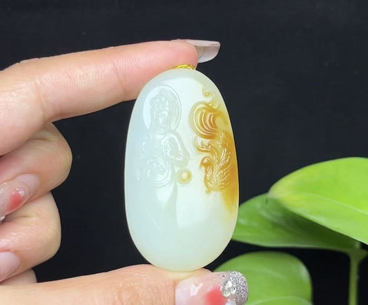 和田玉且末糖羊脂玉凤凰观音