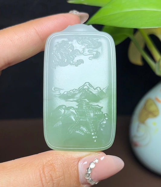 和田玉翠玉龙牌山水挂件