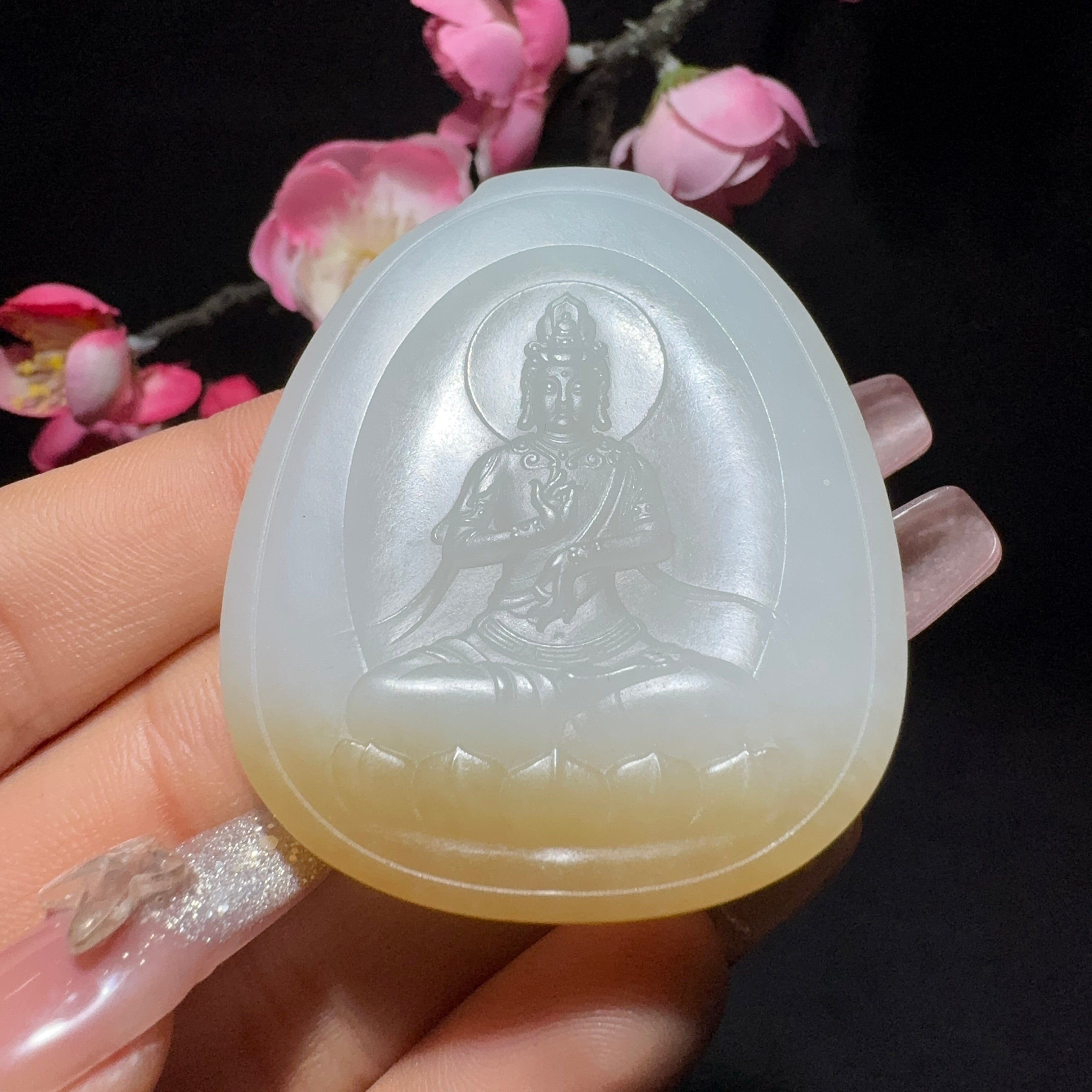 和田玉糖白玉观音牌挂件