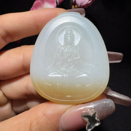 和田玉糖白玉观音牌挂件