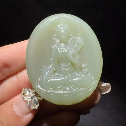 和田玉湖水绿挂件度母