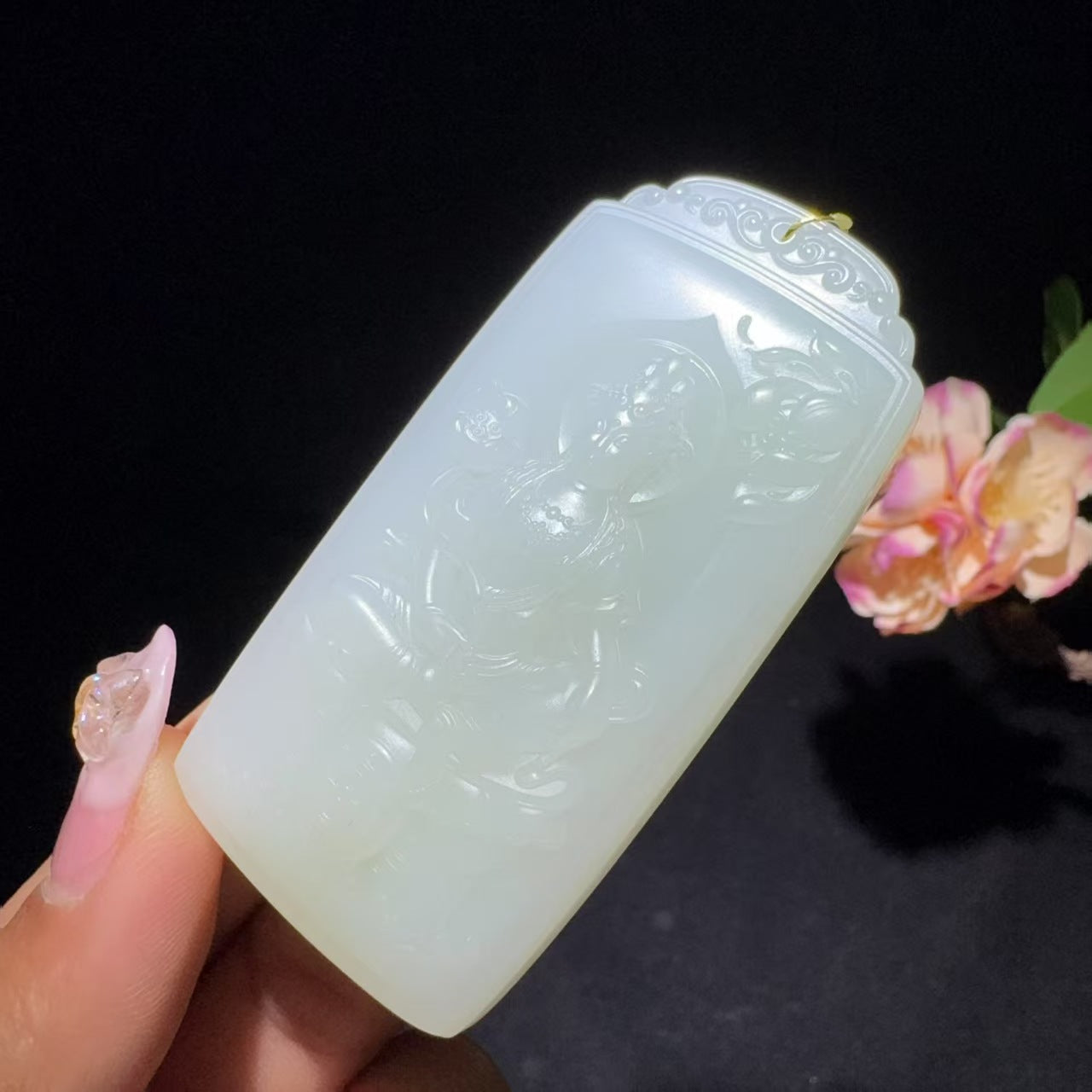 和田玉白玉带翠观音挂件（57.0g）