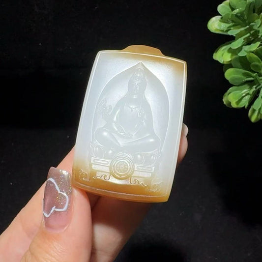和田玉糖白观音牌子挂件（31.3g）