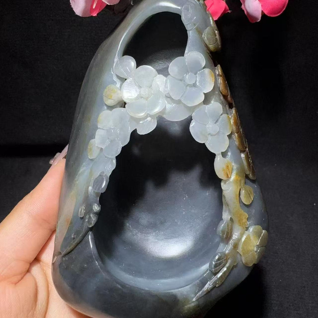 和田玉籽料青花烟灰缸摆件（398.6g）