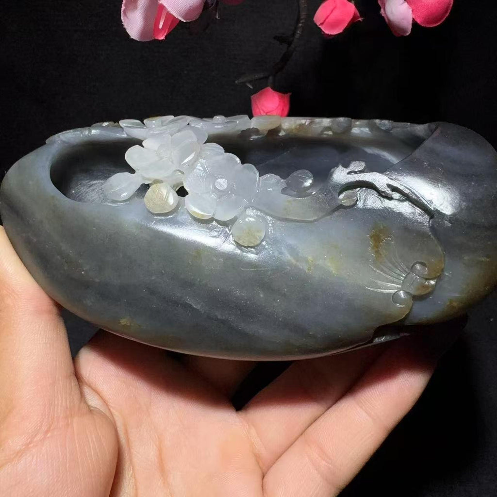 和田玉籽料青花烟灰缸摆件（398.6g）