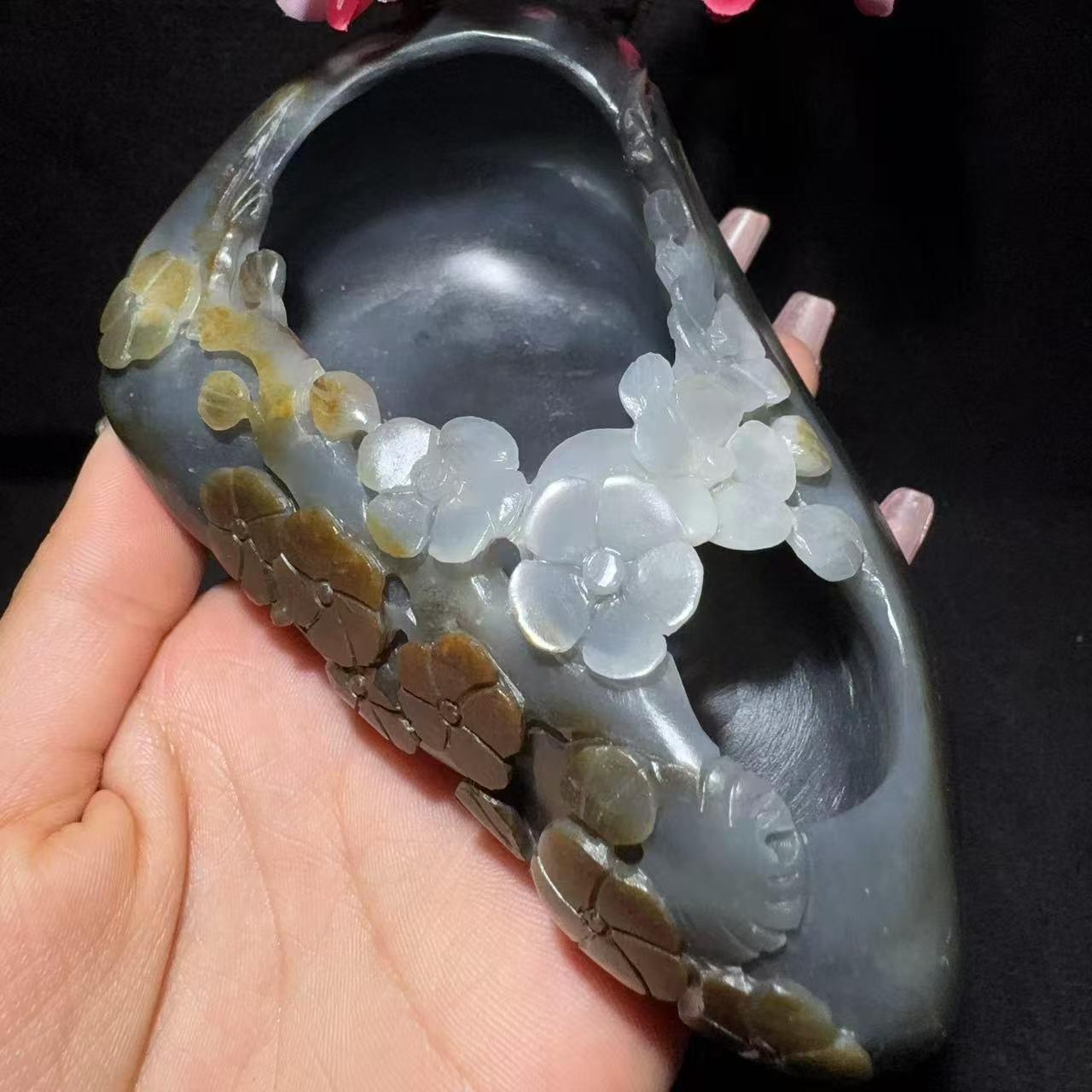 和田玉籽料青花烟灰缸摆件（398.6g）