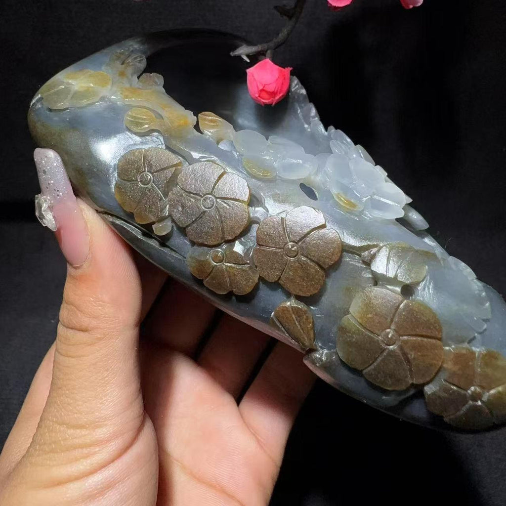 和田玉籽料青花烟灰缸摆件（398.6g）