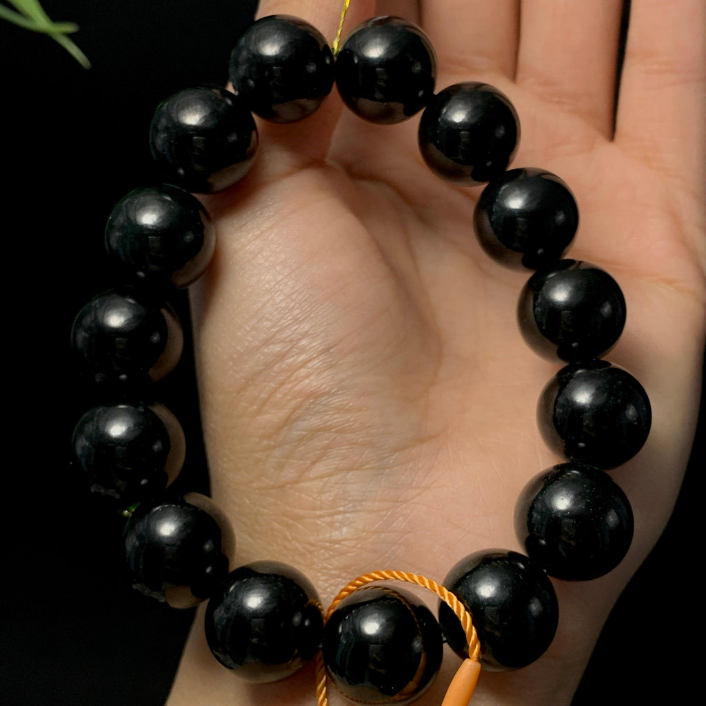 高品质和田玉山料黑青圆珠手串（79.7g）