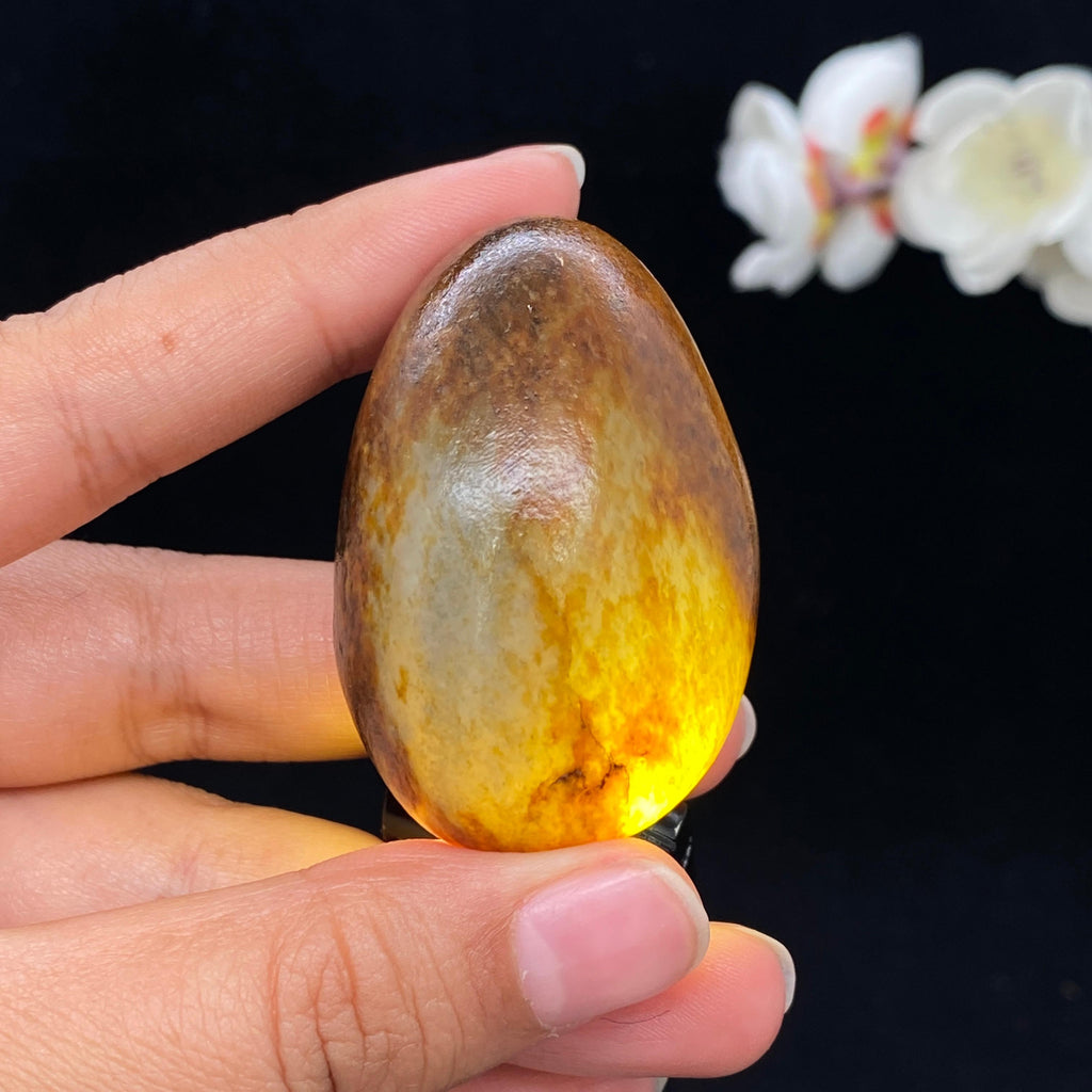 和田玉黄沁皮青花底籽料手把件（80.9g）