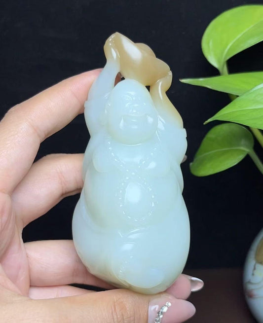 新疆和田玉且末糖白羊脂玉佛公手把件（162.7g）