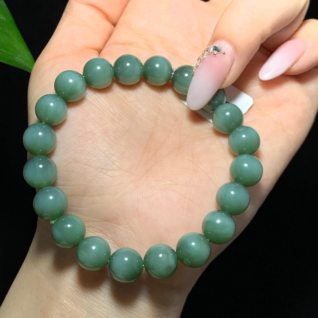 和田山料碧玉粉青猫眼手串（31.4g）