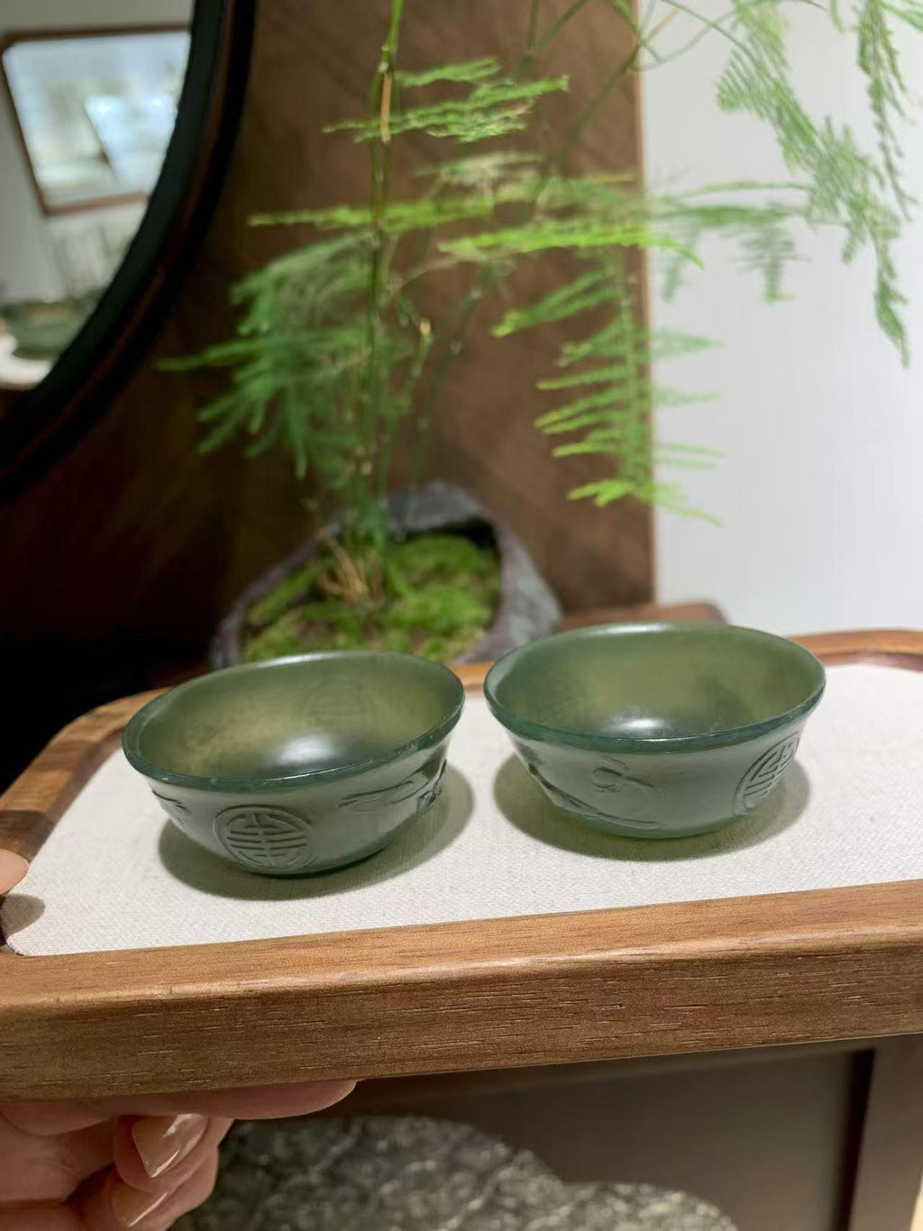 和田玉青玉茶杯【一对】（33.3g）