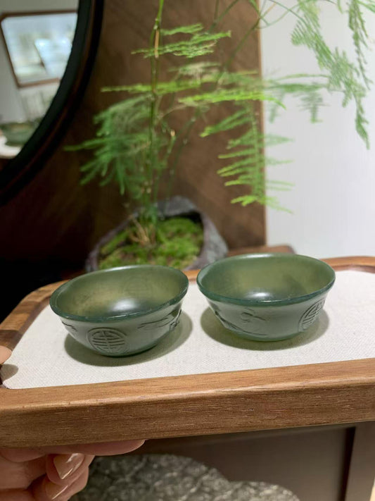 和田玉青玉茶杯【一对】（33.3g）
