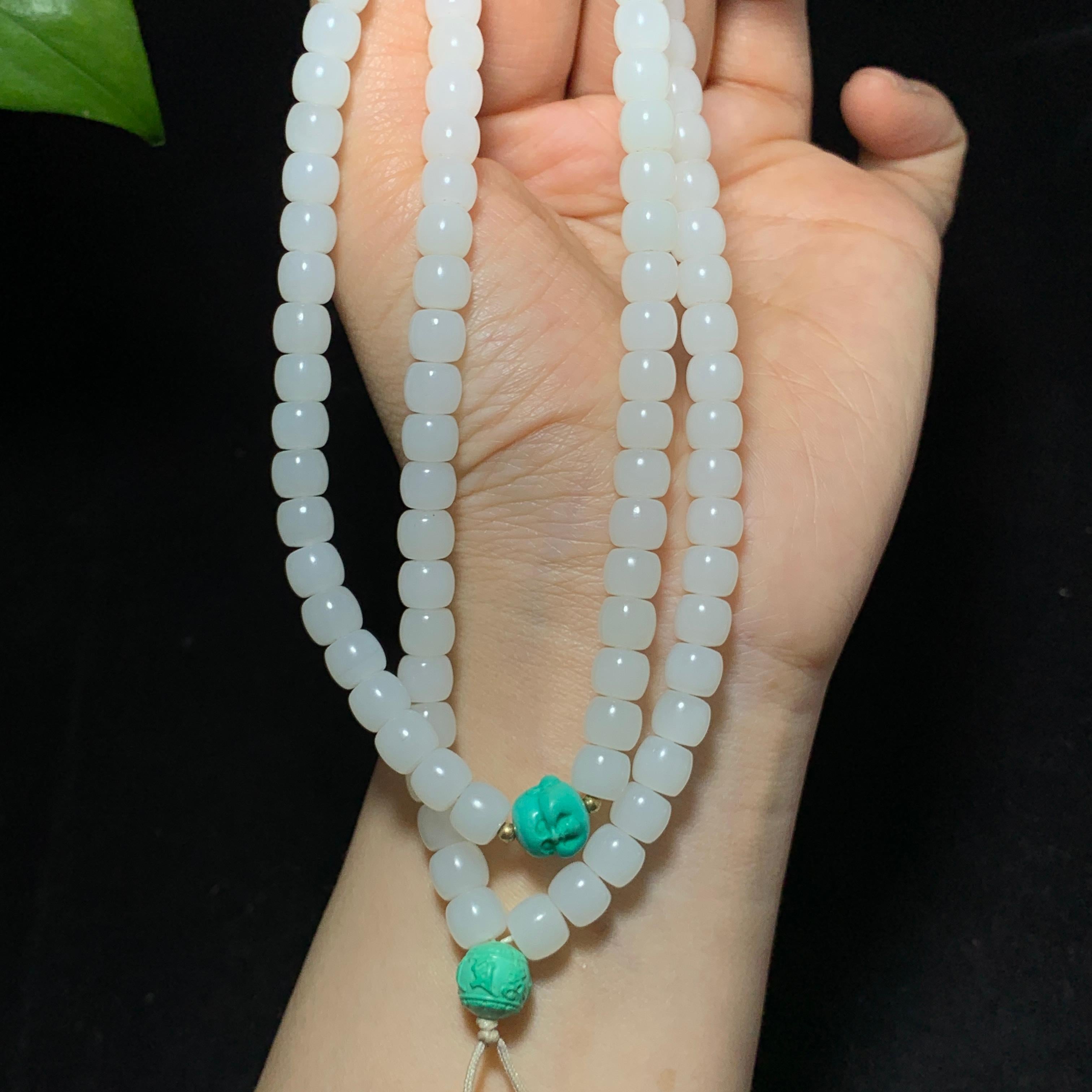 收藏级和田山料羊脂白玉108颗老型珠项链（63.8g）