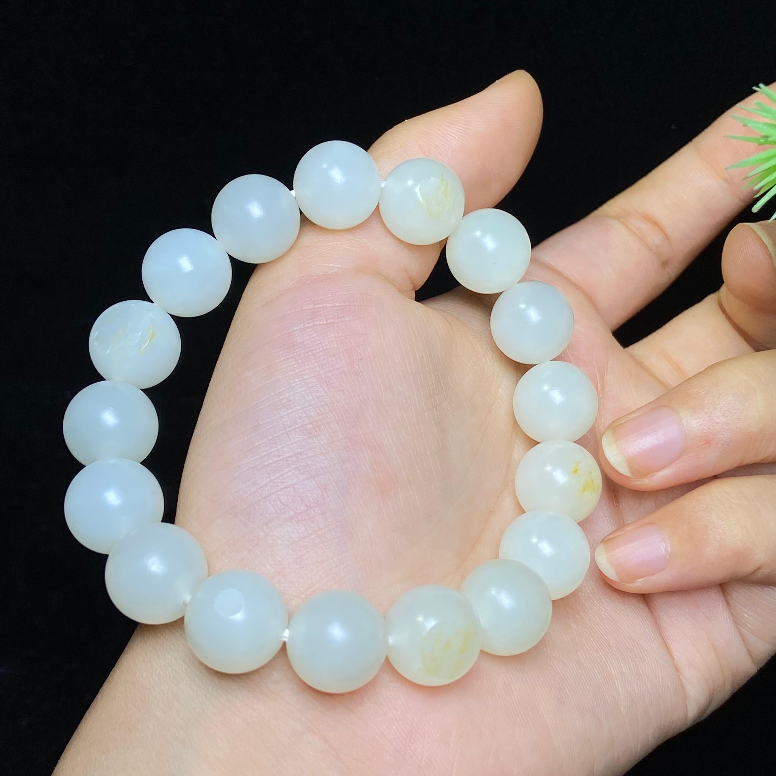 和田白玉 清時代 髮饰 天然石 白玉 和田玉籽料白玉圆珠手串（46.8g） – 厚德载玉