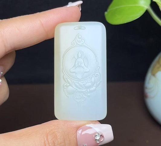新疆和田玉且末糖白羊脂玉莲花悟道平安无事牌（30.2g）
