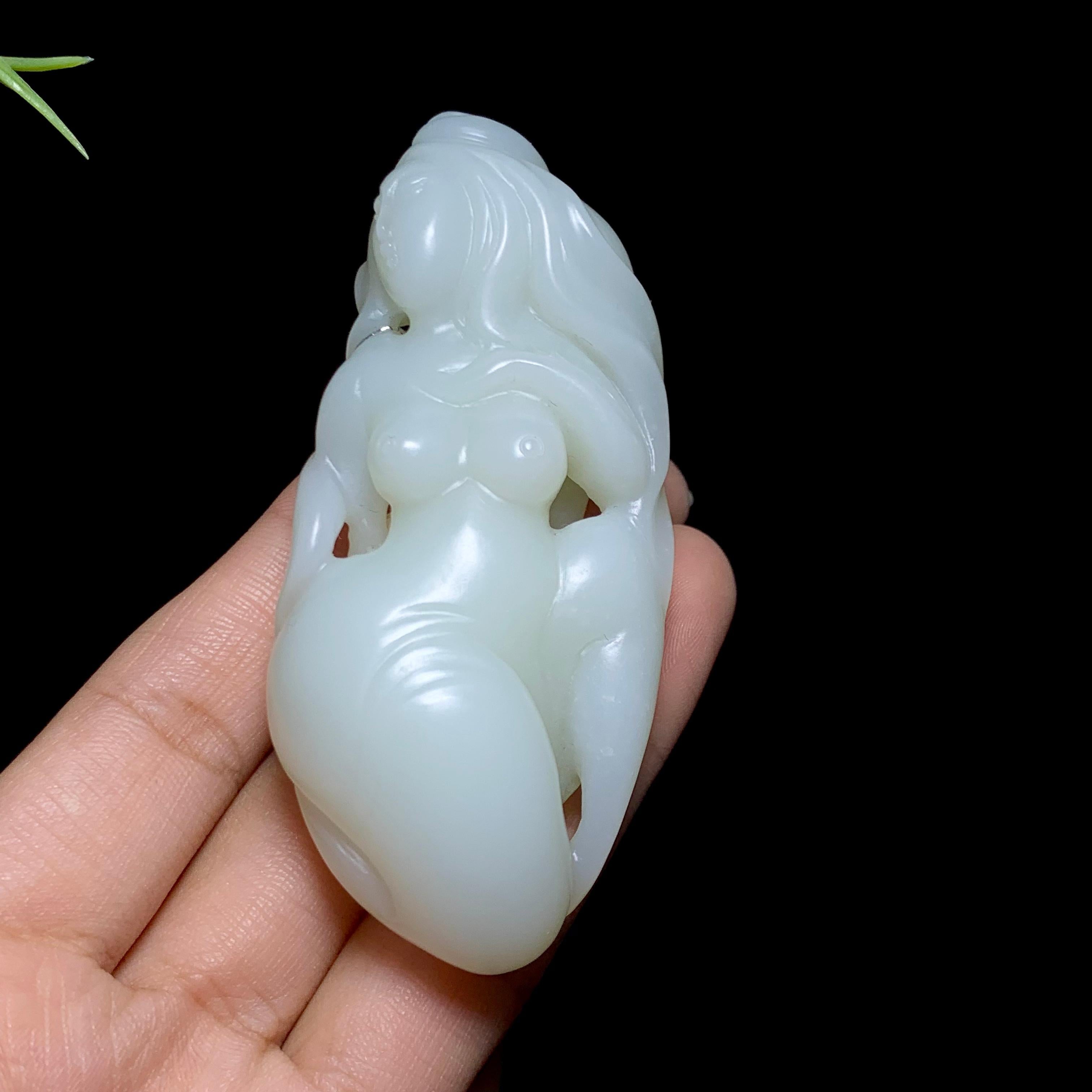 和田羊脂白玉玉贵人手把件（74.6g）