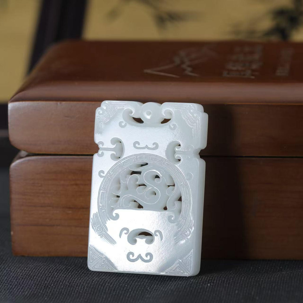 和田玉白玉仿古龙凤镂空对牌（35.9g）