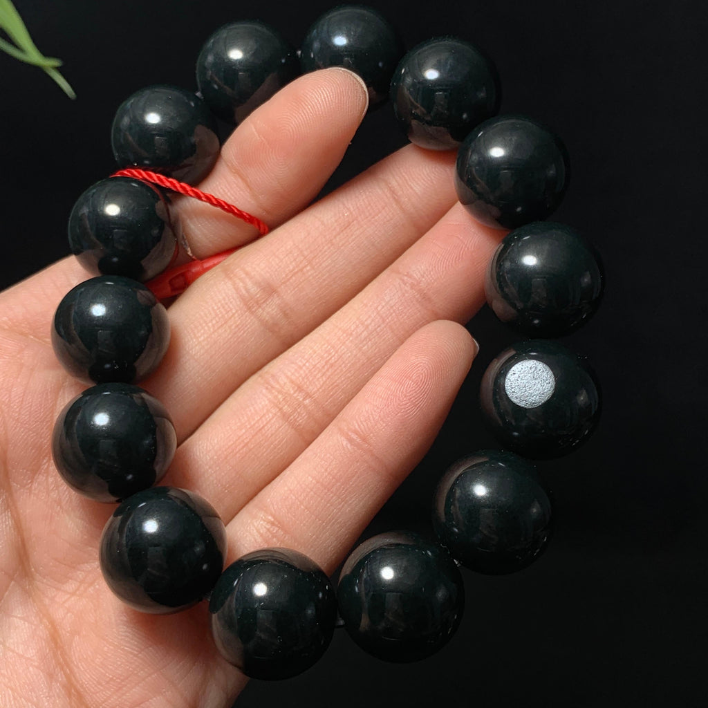 高品质和田籽料黑青圆珠大手串（90.8g）