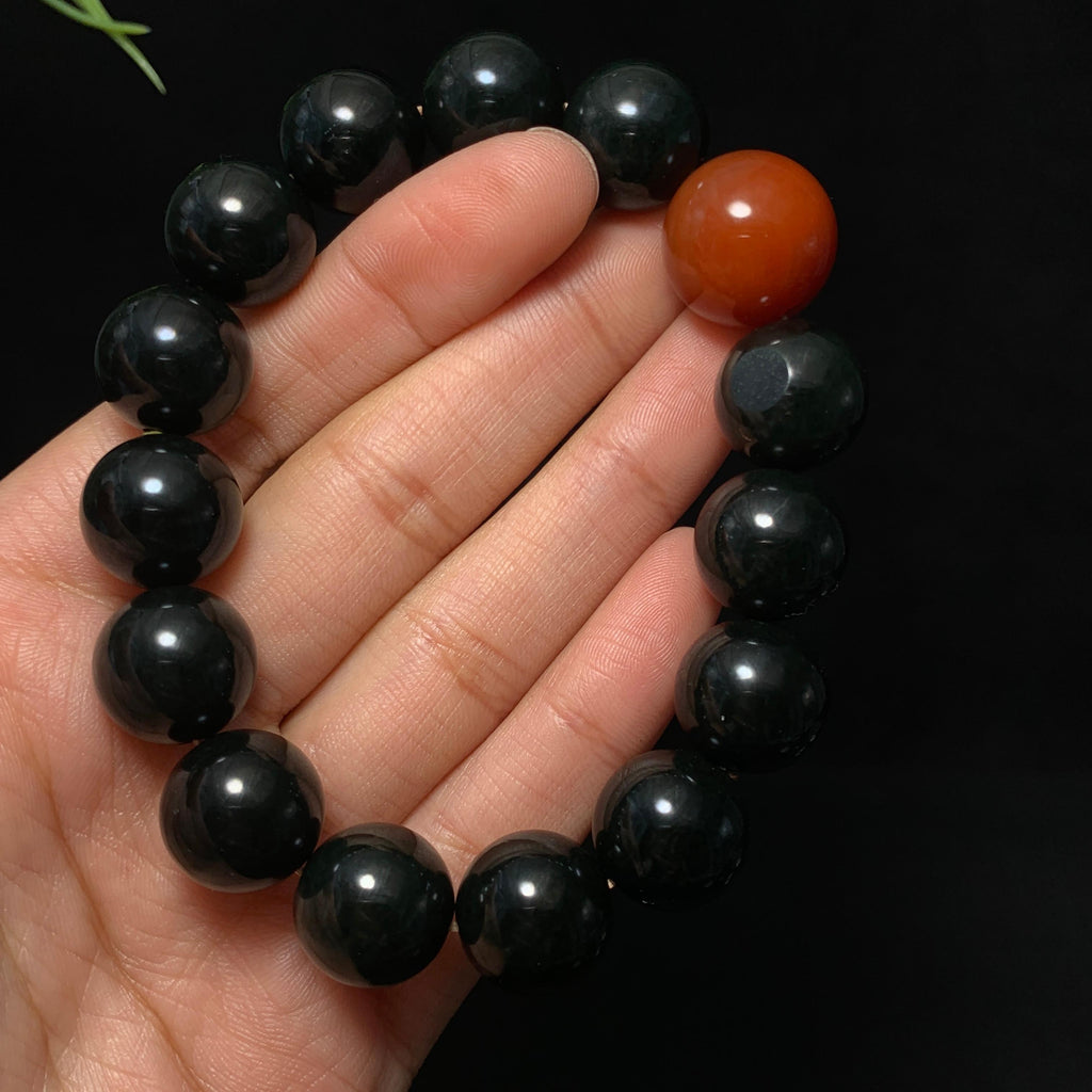 收藏级和田籽料黑青圆珠手串（66.6g）