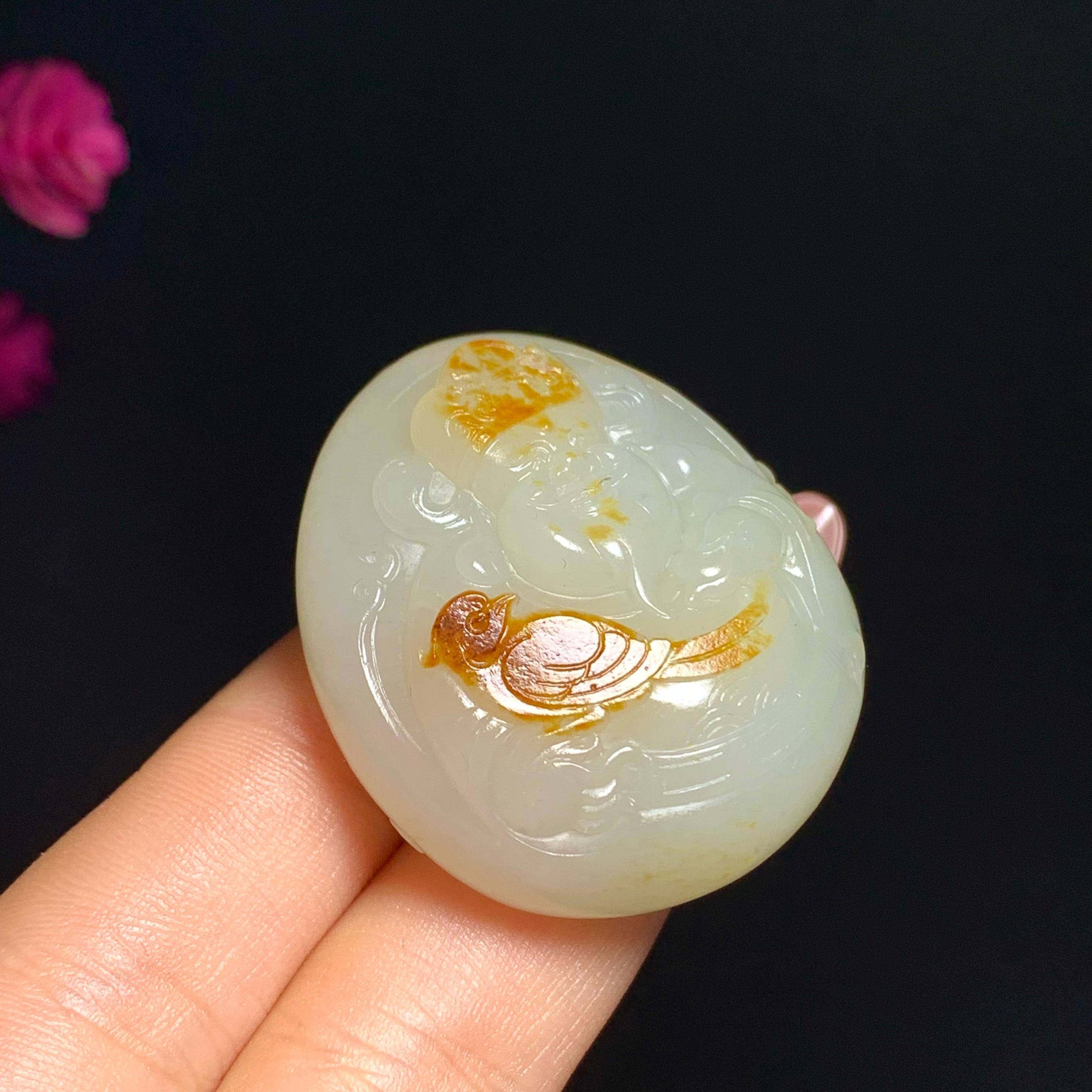 高品质新疆和田玉籽料洒金皮财神挂件（39.6g）