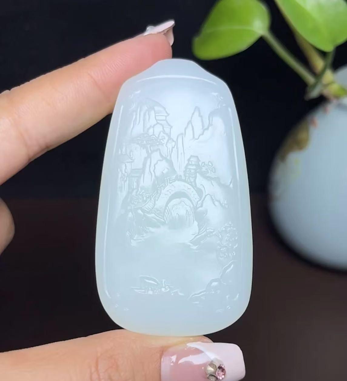 新疆和田玉且末料羊脂玉山水牌（57.1g）