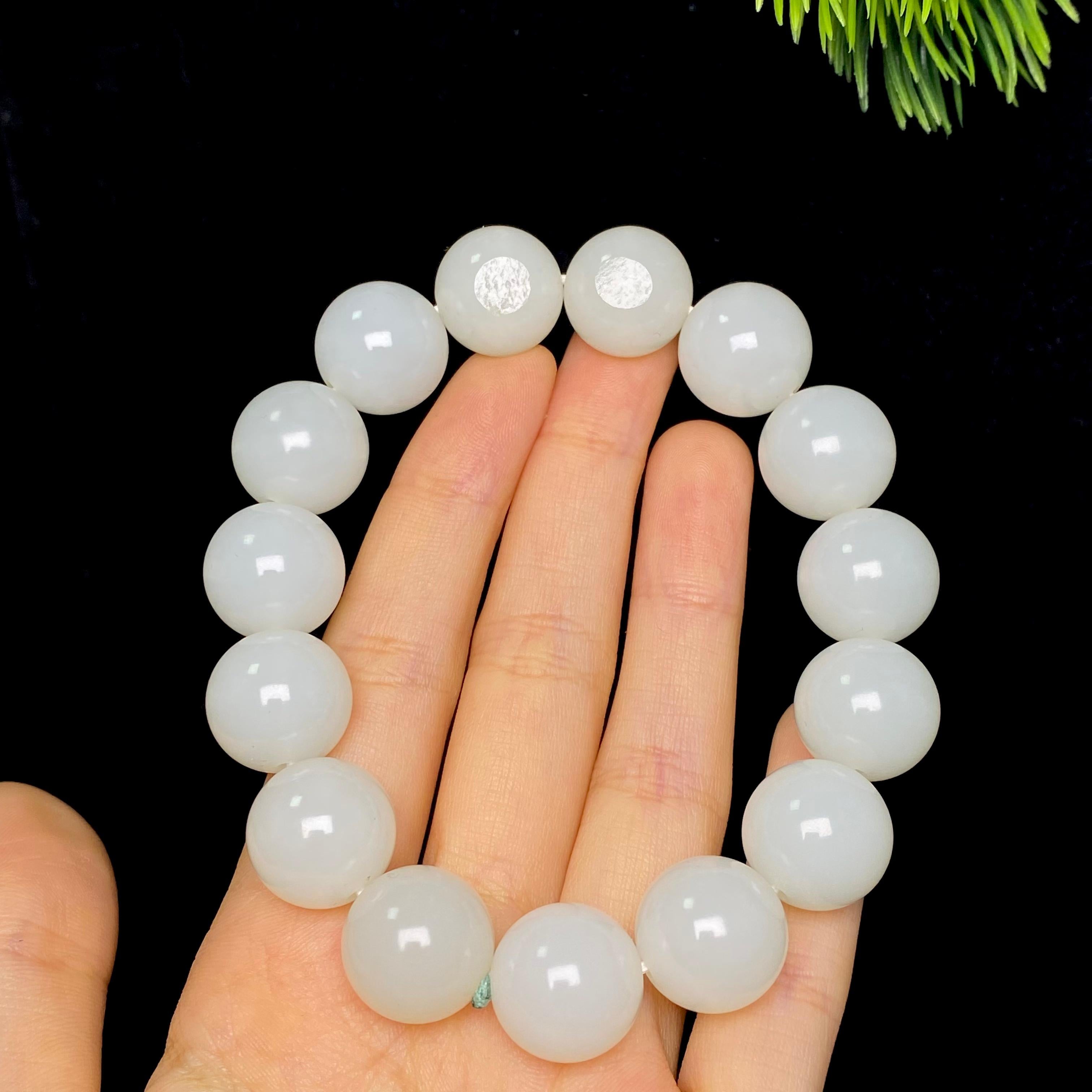 和田玉籽料白玉圆珠手串（75.8g）