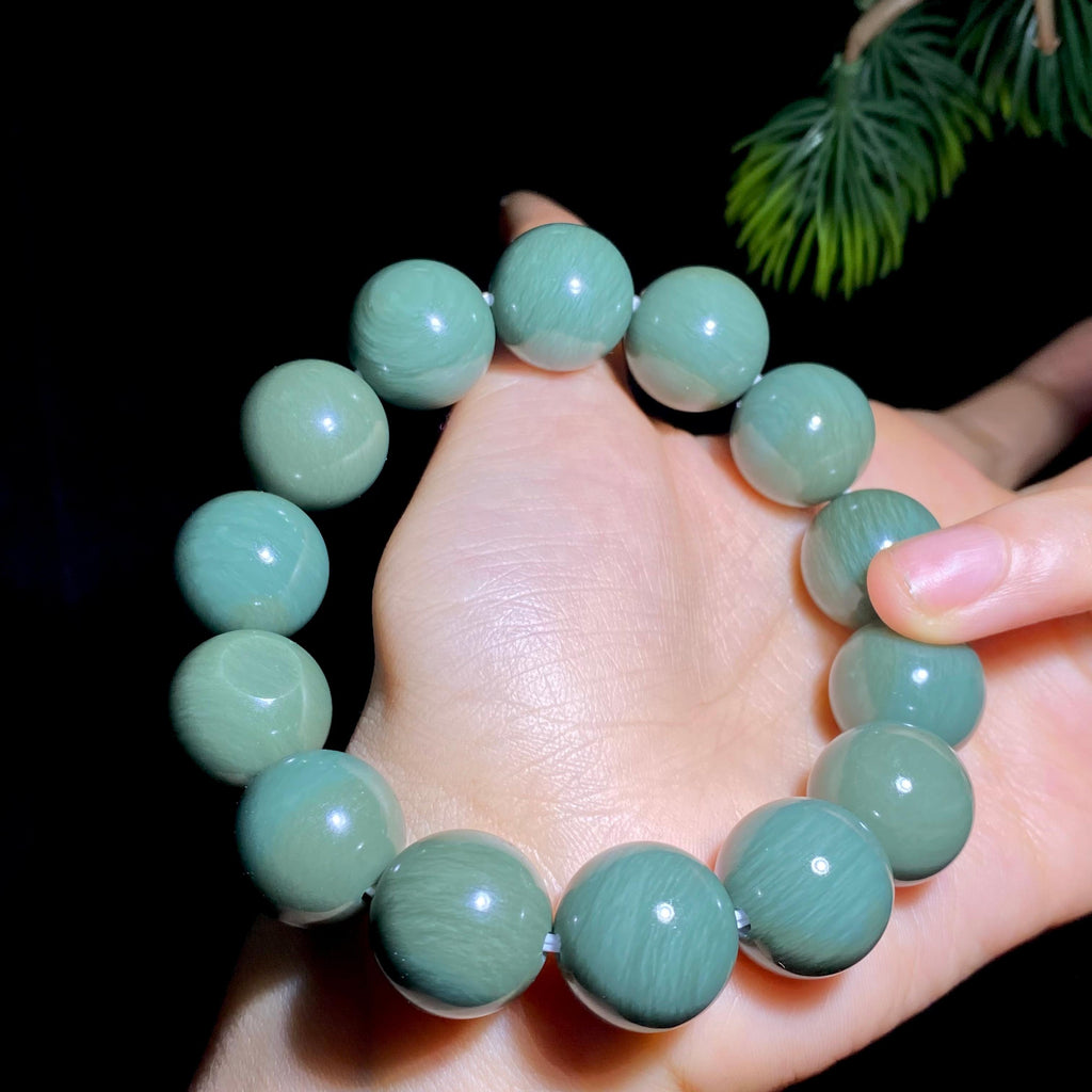 和田玉籽料沙枣青圆珠手串（89.9g）