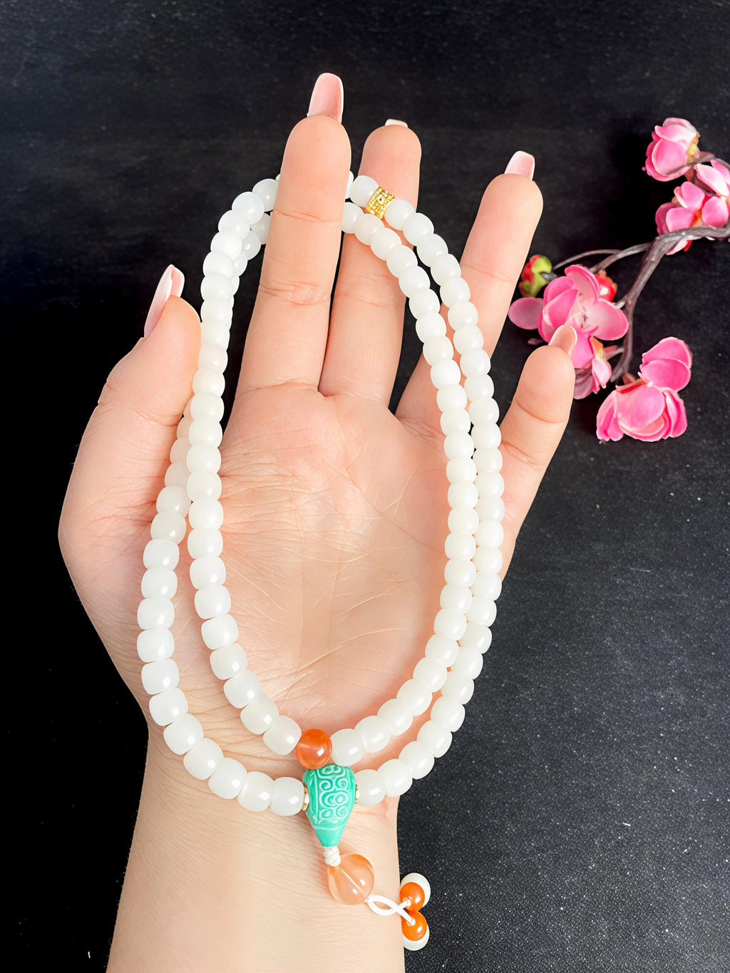 和田玉羊脂白玉老型珠108粒项链（64.9g）