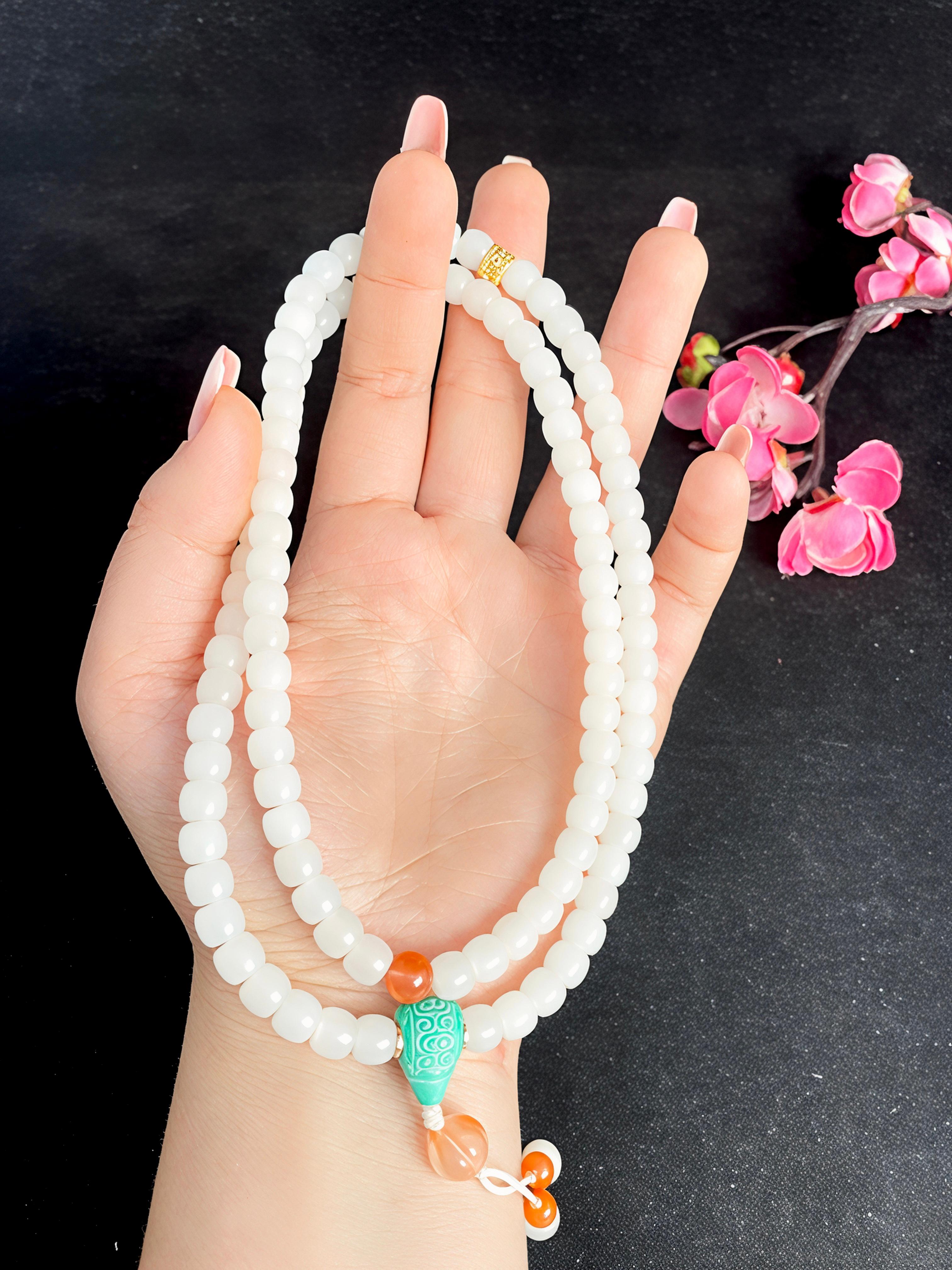 和田玉羊脂白玉老型珠108粒项链（64.9g）