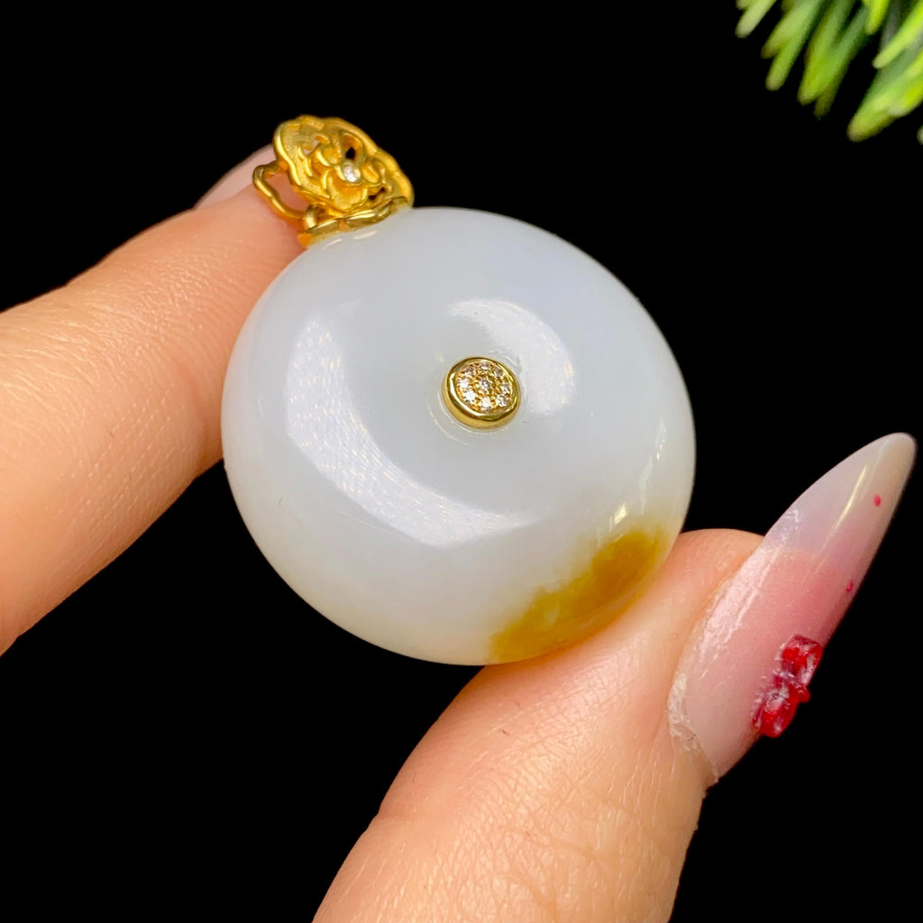 和田玉18k镶金糖白平安扣01024631（17.0g）