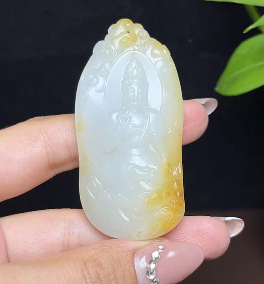 和田玉籽料黄皮白肉观音挂件（37.3g）