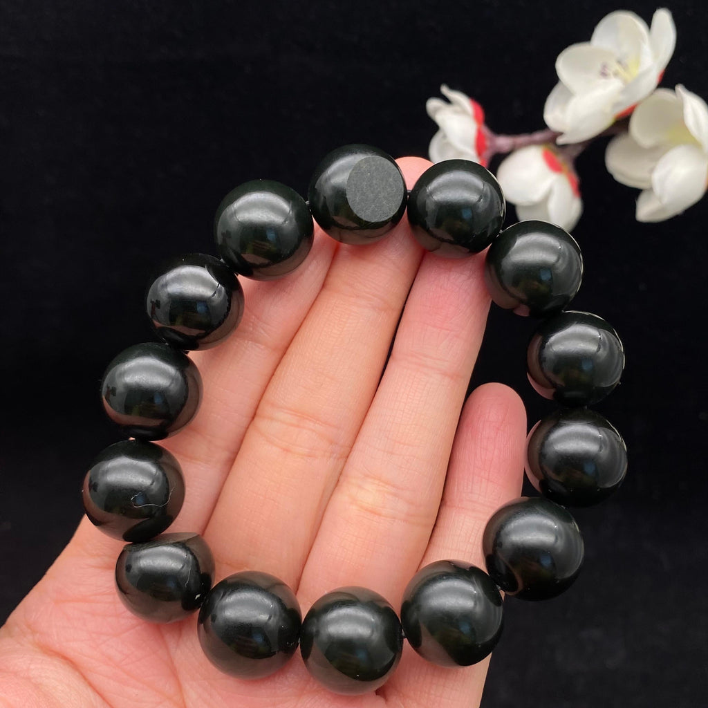 和田玉黑青籽料【圆珠手串】（74.5g）