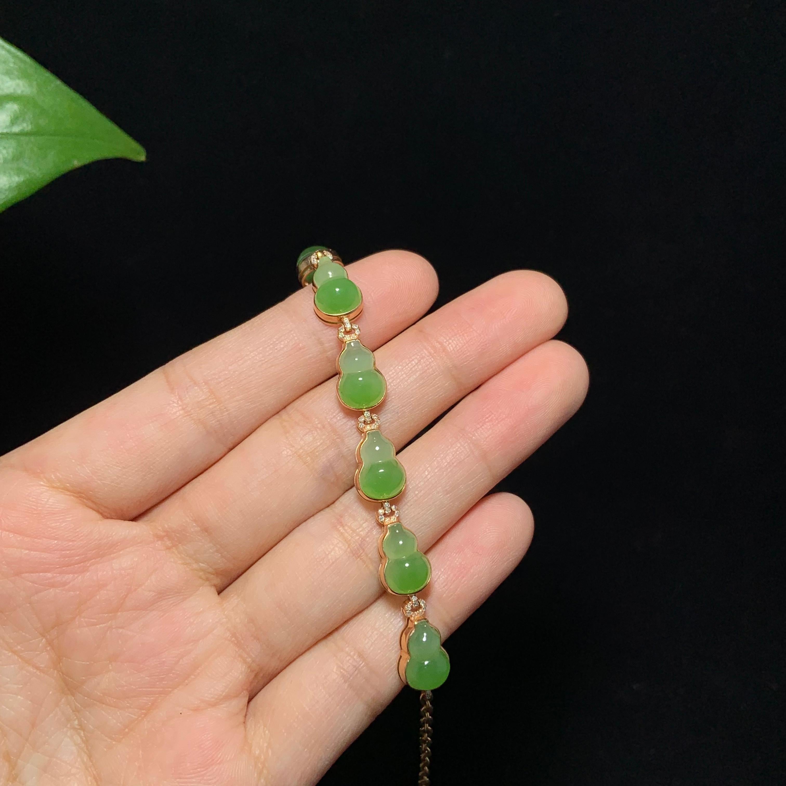 顶级18k金镶嵌碧玉苹果绿渐变色葫芦手链（7.5g）