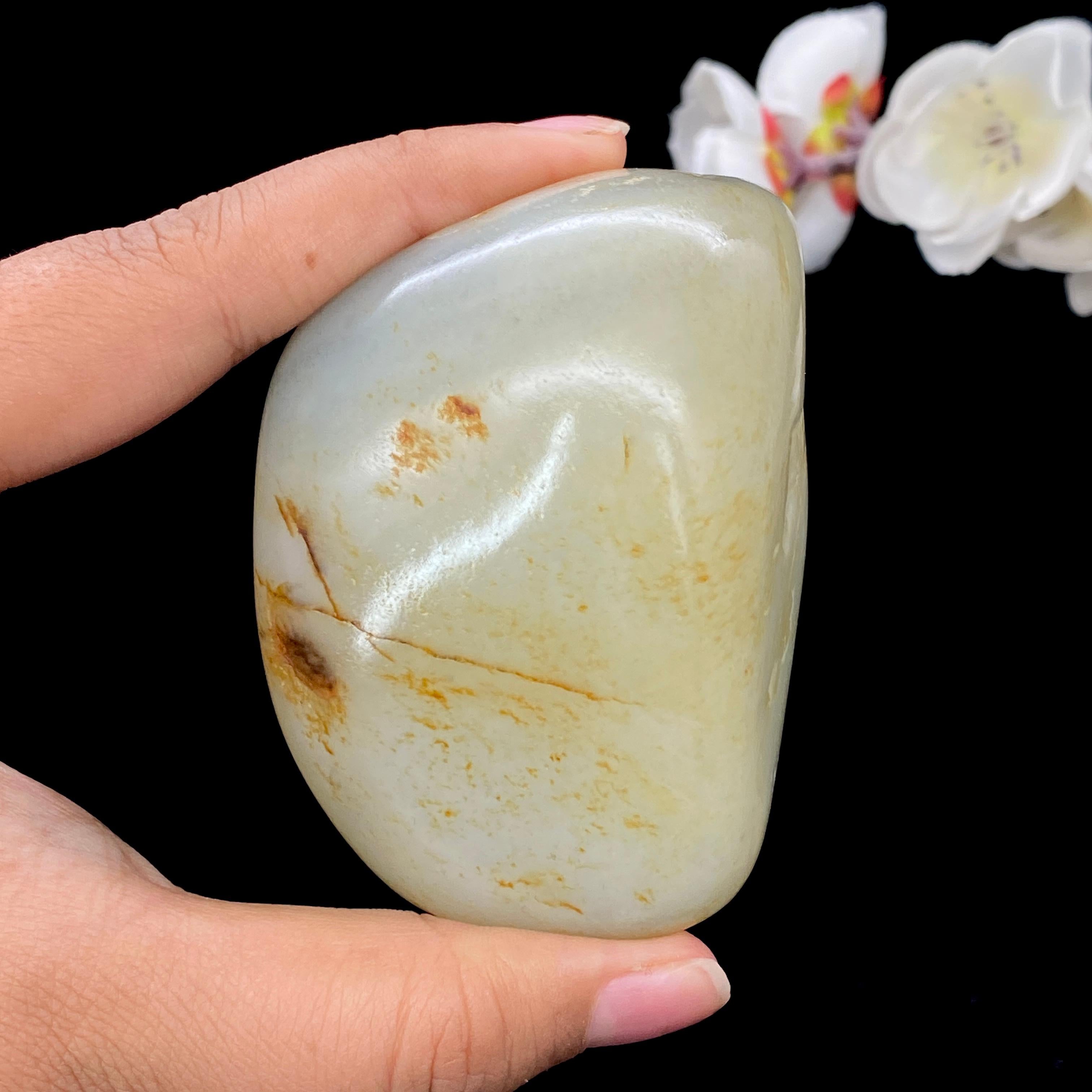 和田玉洒金皮青花底籽料手把件（230g）