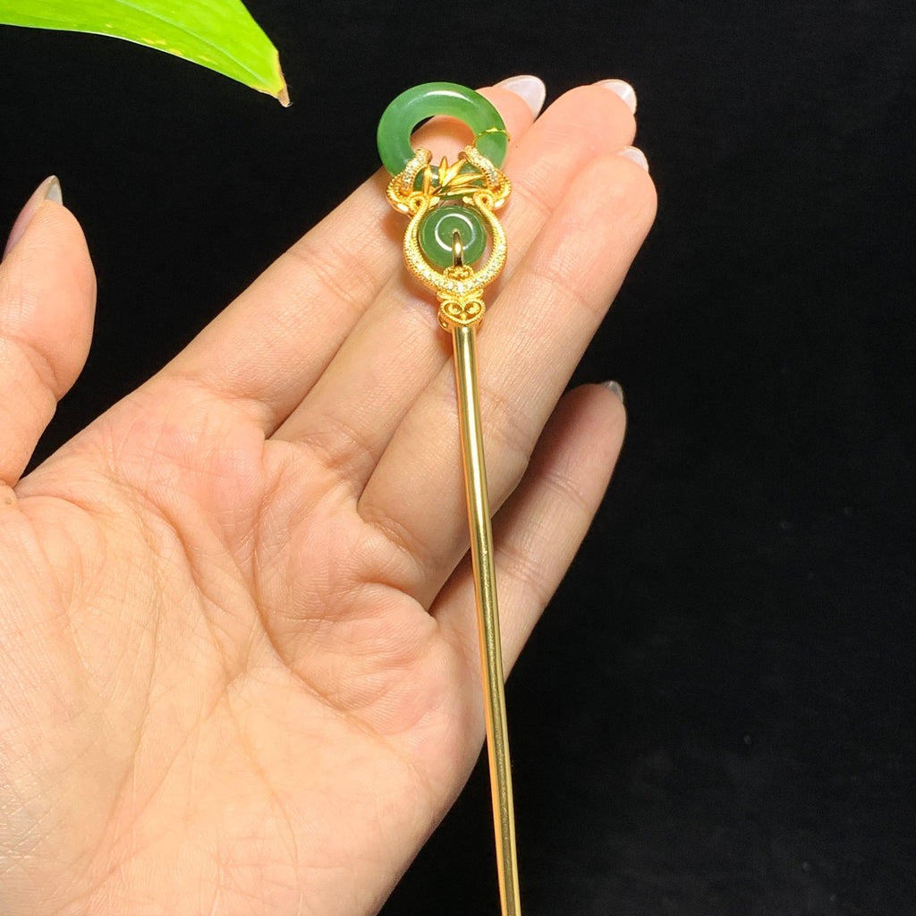 和田山料古法金镶嵌碧玉辣阳绿发簪（14.5g）