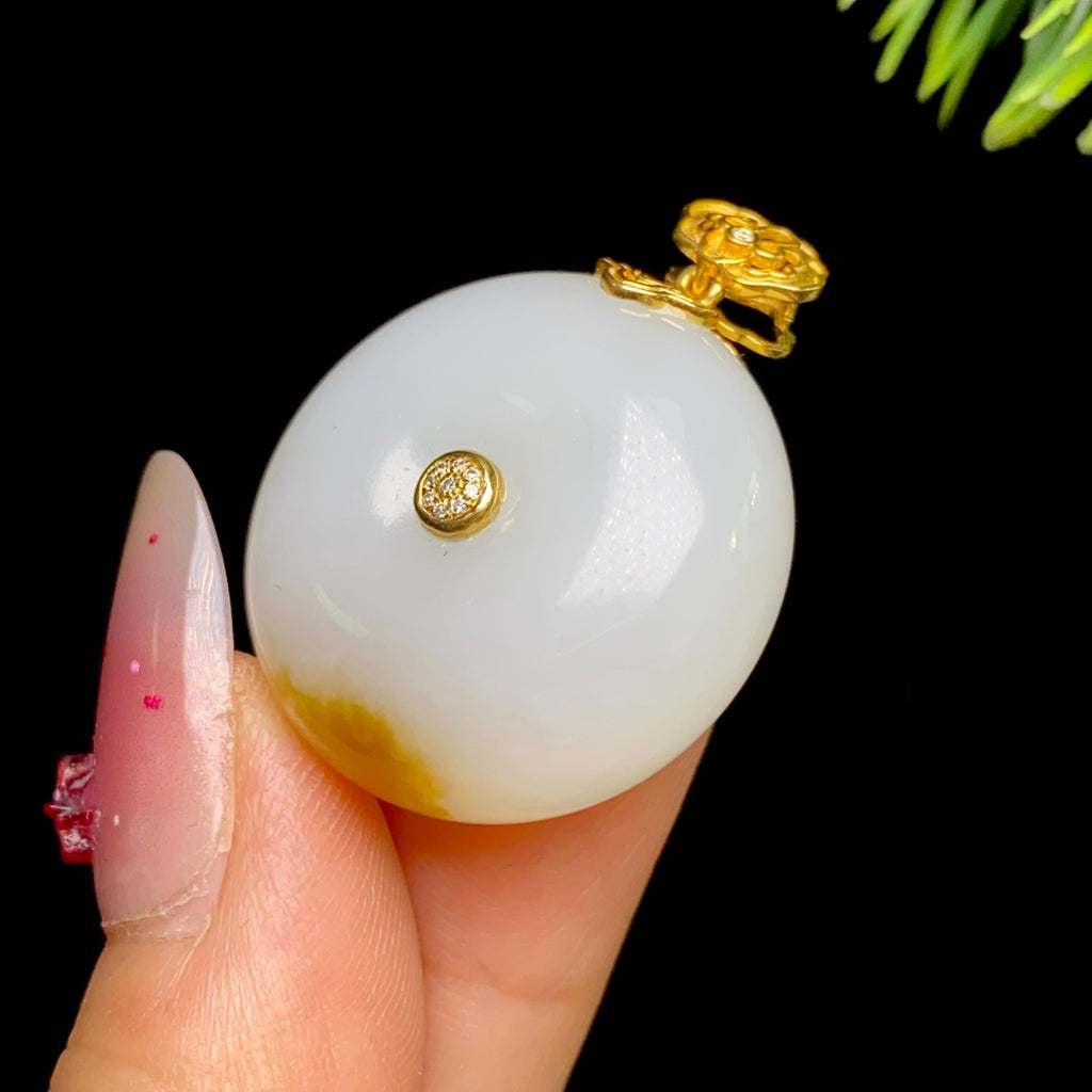 和田玉18k镶金糖白平安扣01024631（17.0g）
